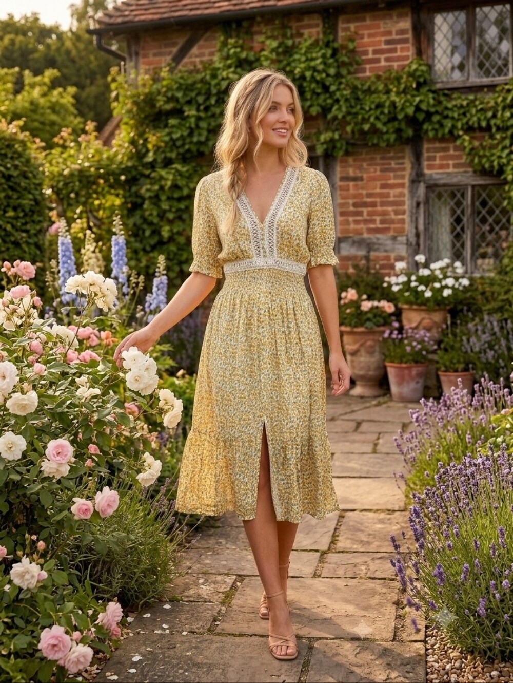 Elan Daisy Yellow Floral Crochet Trim Midi Dress Cottagecore Boho Smocked Small - Picture 12 of 12